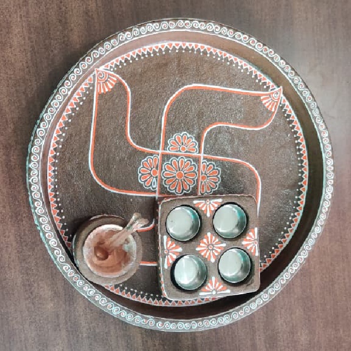 Eco-Friendly Cow Dung Puja Thali Set(Copper Glass, Spoon and kumkum container)