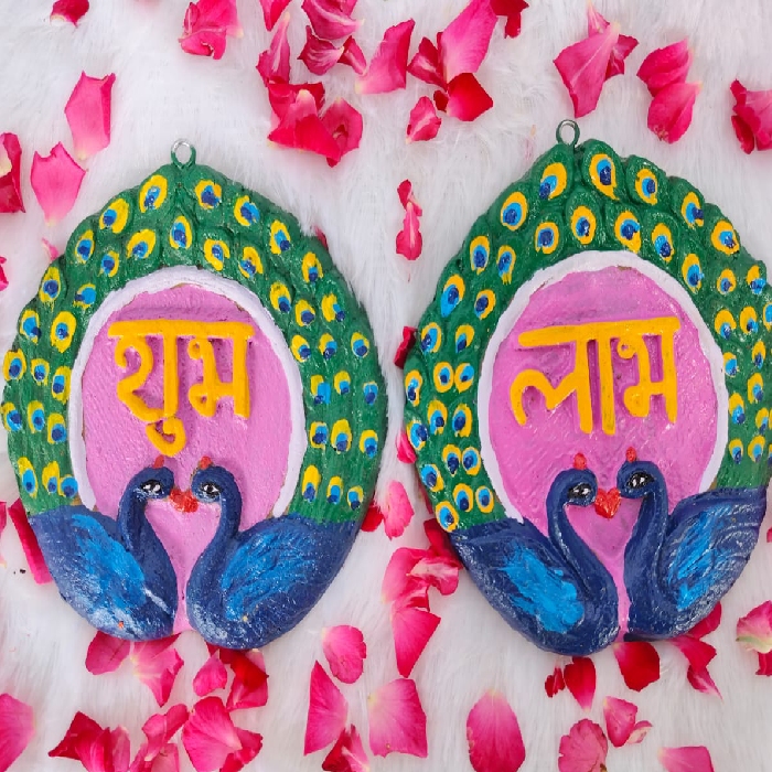 Handmade Peacock Shubh Labh Wall Hanging | Eco-Friendly Cow Dung Decorative Art